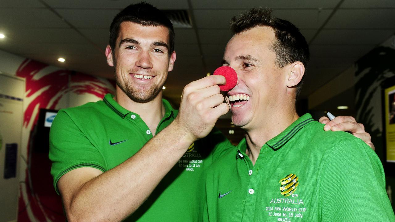 L to R: Socceroos Goalkeeper Mat Ryan and defender Luke Wilkshire clown around after doing the rounds with the clown doctors. Socceroos helping the Clown doctors on their rounds at the Sydndey Children's Hospital in the lead up to the FIFA World Cup in Brazil in june. Picture: John Appleyard