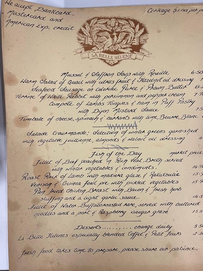 A handwritten menu from Matt Moran's first job at La Belle Helene when he was 17