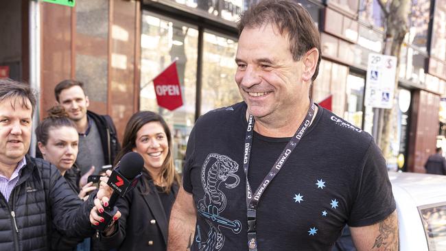 CFMEU Secretary John Setka (right) leaves at the ACTU building in Melbourne, Thursday, June 13, 2019. (AAP Image/Daniel Pockett) NO ARCHIVING