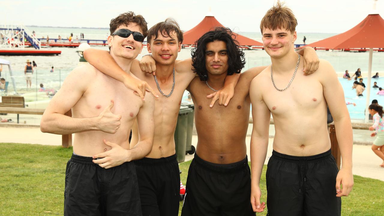 Malik Selek, Elijah Camilleri, Parth Kalia and Josh Apap from Craigieburn enjoying Boxing Day 2024 at Geelong's Waterfront. Picture: Alison Wynd