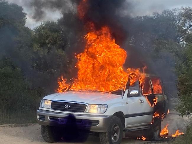 Car fire near the scrub on Woods road, Duck Ponds , near Port Lincoln . Picture: Lincoln CFS