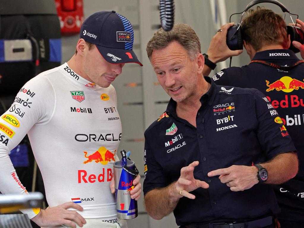 Red Bull Racing's Dutch driver Max Verstappen talks to Red Bull Racing team principal Christian Horner ahead of the qualifying session of the Saudi Arabian Formula One Grand Prix. Picture: AFP