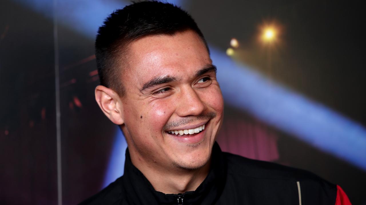 Tim Tszyu speaks at his press conference after being confirmed as the mandatory challenger to Jermell Charlo. Photo: Gregg Porteous