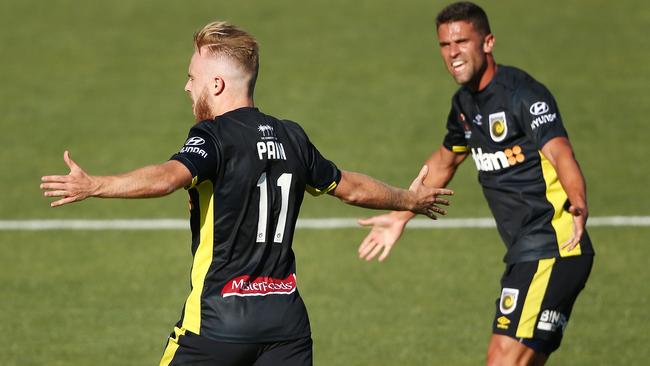 Central Coast’s Connor Pain celebrates scoring the winner in Adelaide yesterday.