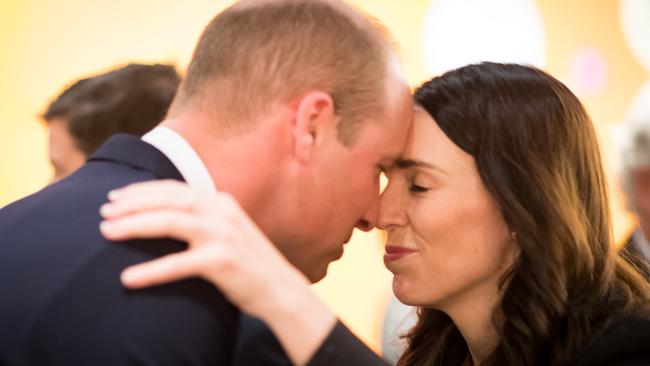 Prince William, Duke of Cambridge is greeted with a Hongi, a traditional Maori greeting, by Prime Minister Jacinda Ardern as they attend the Auckland Anzac Day Civic Service.