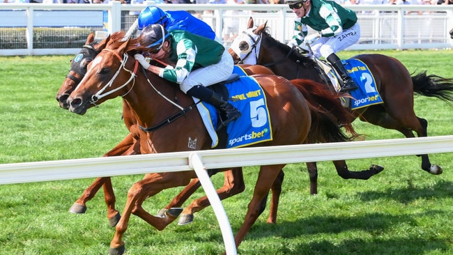 Devil Night holds off Tempted to win the Blue Diamond Stakes at Caulfield on Saturday. Photo: Brett Holburt/Getty Images.