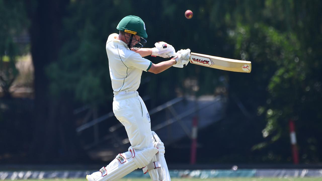 Brisbane Boys College batsman Ryan Atley hits out. Picture, John Gass