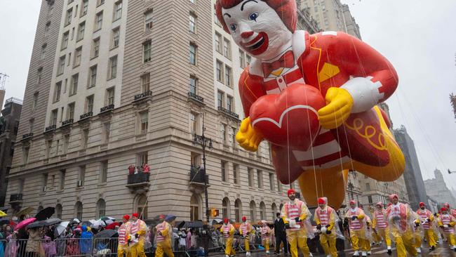 Pro-Palestinian protesters near the Ronald McDonald float were dragged away from the annual Macy's Thanksgiving Day Parade in New York City on November 28. Picture: AFP