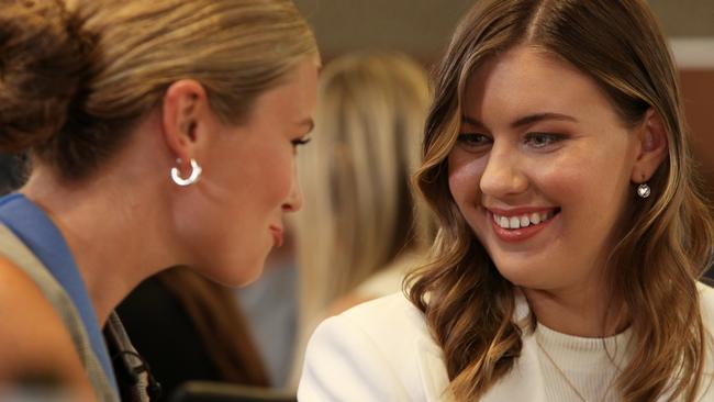 Grace Tame (R) and Brittany Higgins prepare to address the media at the National Press Club on February 09, 2022 in Canberra, Australia. Picture: Getty