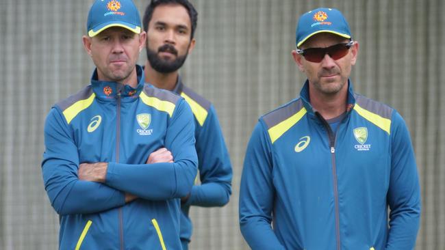 Ricky Ponting and Justin Langer look on at trainign in the UK. Picture: Cricket Network