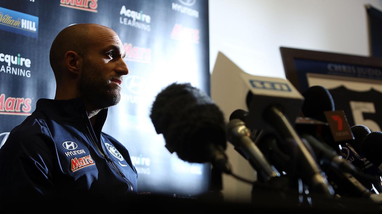 Chris Judd speaks during a press conference.