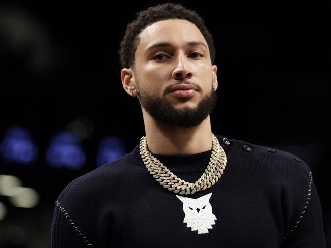 NEW YORK, NEW YORK - FEBRUARY 24: Ben Simmons #10 of the Brooklyn Nets looks on during the first half against the Boston Celtics at Barclays Center on February 24, 2022 in New York City. NOTE TO USER: User expressly acknowledges and agrees that, by downloading and or using this Photograph, user is consenting to the terms and conditions of the Getty Images License Agreement. (Photo by Adam Hunger/Getty Images)