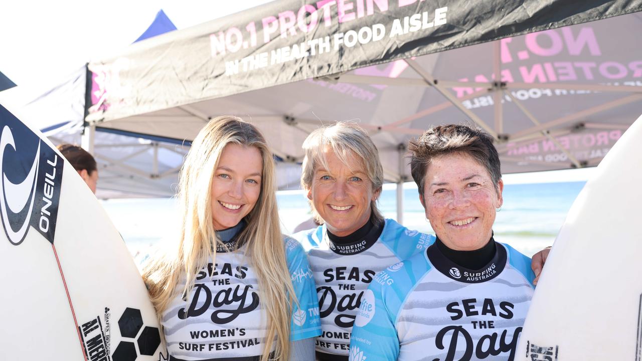 Imogen Caldwell, Layne Beachley and Pauline Menczer at Seas The Day Womens Surf Festival at Kingscliff for Gold Coast at Large. Picture, Portia Large.