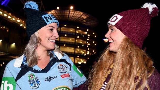 Emma Spencer and Mikayla Slater at ANZ Stadium. It’s not going to be easy to get a ticket to Origin in years to come with the temporary closure of ANZ Stadium. Picture: AAP Image/Dan Himbrechts