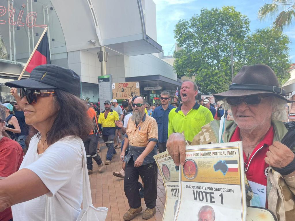 Protesters at the freedom rally in Darwin CBD on October 30, 2021. Picture: Amanda Parkinson