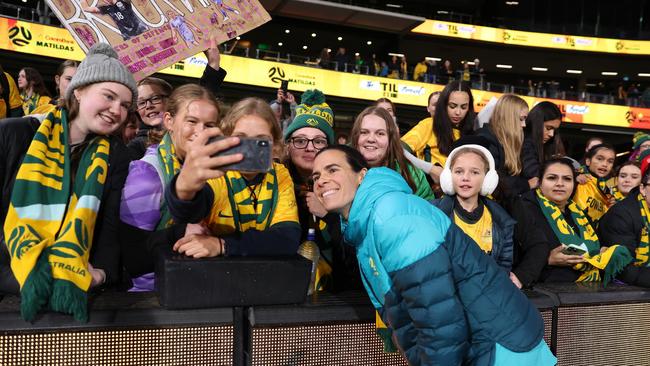 ADELAIDE, AUSTRALIA - MAY 31: Lydia Williams of the Matildas poses with fans after the international friendly match between Australia Matildas and China PR at Adelaide Oval on May 31, 2024 in Adelaide, Australia. (Photo by Maya Thompson/Getty Images)