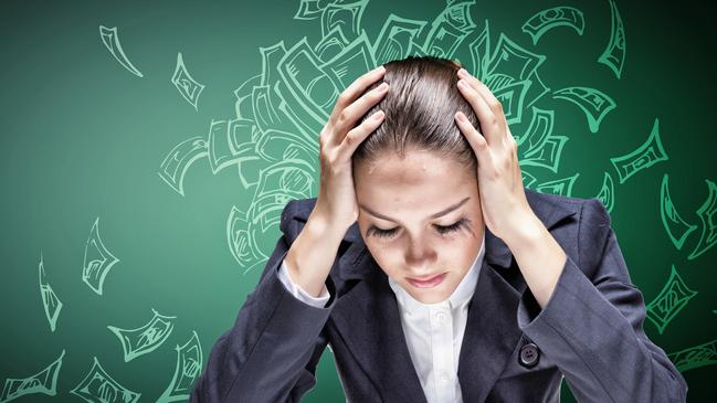 money mistakes - generic woman shocked, stressed; Young troubled businesswoman with hands on head