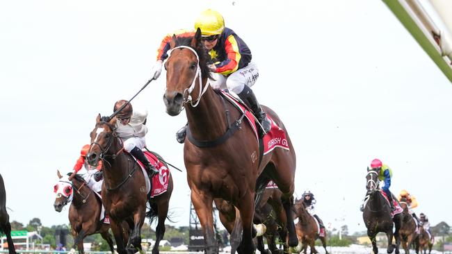 Goldrush Guru, ridden by Jamie Kah, wins the Victoria Derby at Flemington. Picture: George Sal/Racing Photos via Getty Images