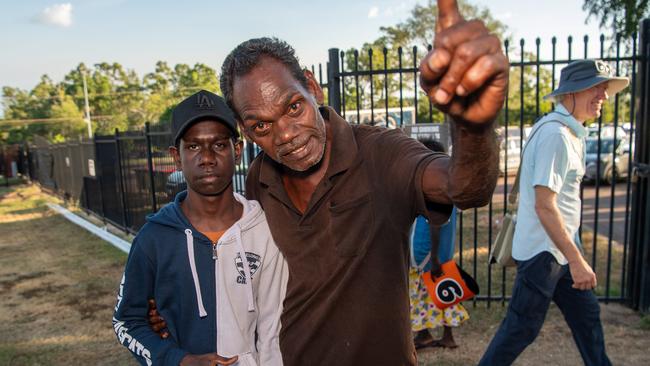 Caleb Durrurrnga and Quincy Gaykmangu James at the Gold Coast Suns vs Geelong Cats Round 10 AFL match at TIO Stadium. Picture: Pema Tamang Pakhrin