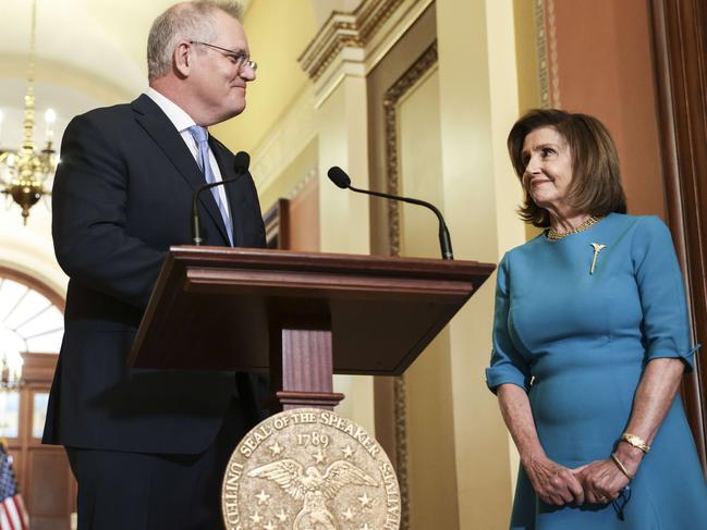 Australian Prime Minister Scott Morrison and US House Speaker Nancy Pelosi outside her office in the US Capitol in Washington, DC. Picture: Getty Images