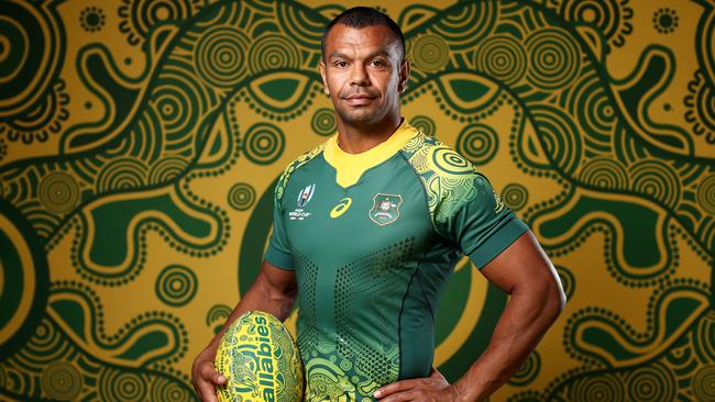 Kurtley Beale poses in the Wallabies’ indigenous jersey. Picture: Getty