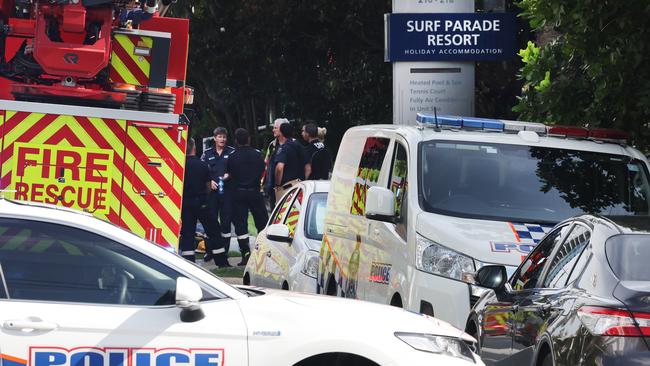 Emergency Services and Police on scene of a fire in a unit complex in Surf Parade Surfers Paradise. The area was declared a crime scene. Picture: Glenn Hampson