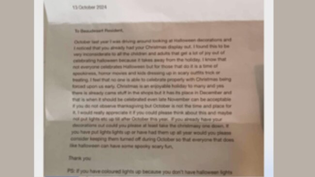 The Halloween note sent to residents. Image: Supplied