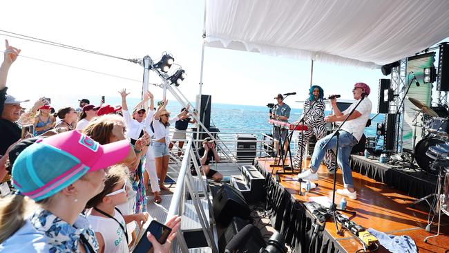 Brisbane pop band Sheppard play a music concert on the Reef Magic pontoon at Moore Reef as part of Savannah Sounds on the Reef, the first ever concert to be held on the northern Great Barrier Reef. Picture: Brendan Radke