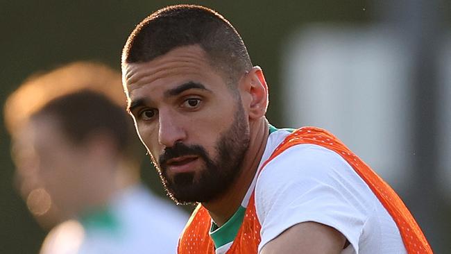 DOHA, QATAR - JANUARY 10: Aziz Behich of Australia runs with the ball during an Australia Socceroos training session ahead of the the AFC Asian Cup at Qatar University Field 11 on January 10, 2024 in Doha, Qatar. (Photo by Robert Cianflone/Getty Images)