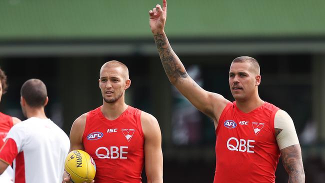 Sam Reid with Lance Franklin at Sydney training. Picture: Phil Hillyard