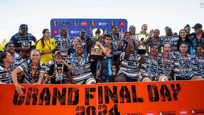 The Darwin Brothers celebrate their win in the 2024 NRL NT women's grand final against the Palmerston Raiders. Picture: Pema Tamang Pakhrin