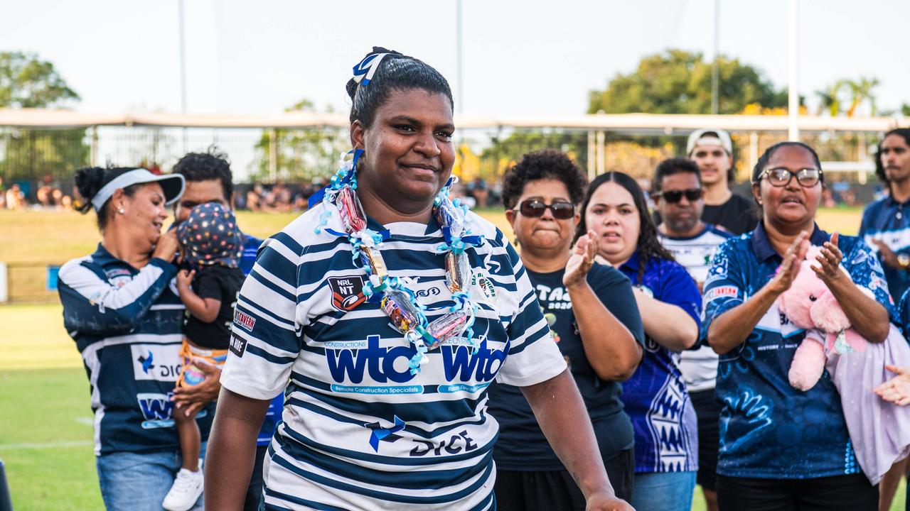 Ellie Niki from Darwin Brothers celebrate winning the 2023 NRL NT grand final. Picture: Pema Tamang Pakhrin