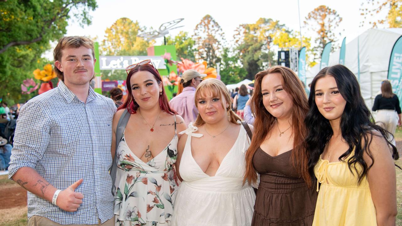 (From left) Oscar Thompson, Charlotte Barrett, Amelia Daunt, Leigha Doolan and Ellah Withers. Toowoomba Carnival of Flowers Festival of Food and Wine. Saturday, September 14, 2024. Picture: Nev Madsen