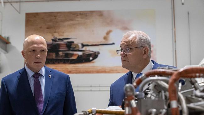 Scott Morrison and Peter Dutton visit TAE Aerospace, an emerging global aerospace company and Australia’s largest engine maintenance company near Ipswich, in the electorate of Blair. Picture: Jason Edwards