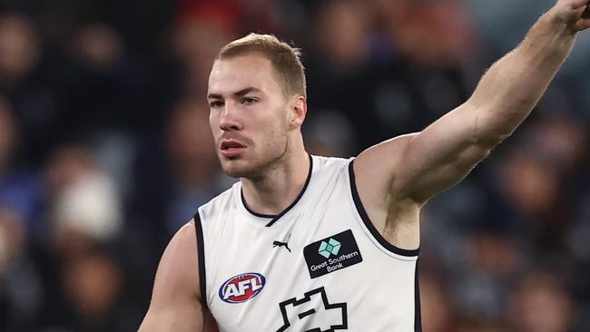 MELBOURNE - JUNE 2 , 2023. AFL Round 12.    Harry McKay of the Blues celebrates a long goal from 60 early 3rd qtr during the match between Melbourne and Carlton at Melbourne Cricket Ground on June the 2nd, 2023, in Melbourne, Australia. Photo by Michael Klein.