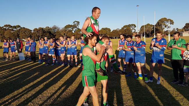 Mitchell Park veteran Nat McDonnell, pictured last year after his 300th game, kicked the bulk of the Lions’ goals in both the A and B grades on Saturday. Picture: Darren Adams.