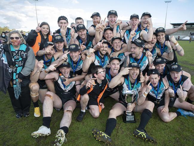 Cygnet players celebrate their SFL grand final win against Huonville. Picture: Chris Kidd