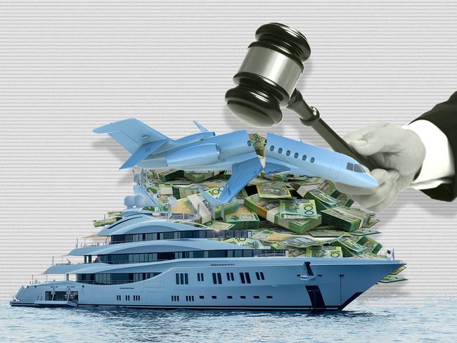 DO NOT USE Embargoed for Inquirer February 15-16. 13 February 2025; a photo comp of a gavel splitting wealth including a private jet, a yacht and hundreds of hundred dollar notes. Artwork by Emilia Tortorella. Sources: iStock. Ratio 4:3.