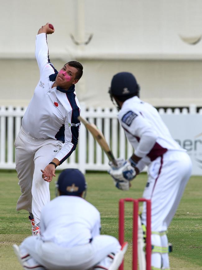 Cricket Gold Coast’s Kookaburra Cup. Day two between Mudgeeraba Nerang and Burleigh at Nerang RSL Oval. Bowler Dayne Siede in action. Picture: Steve Holland.