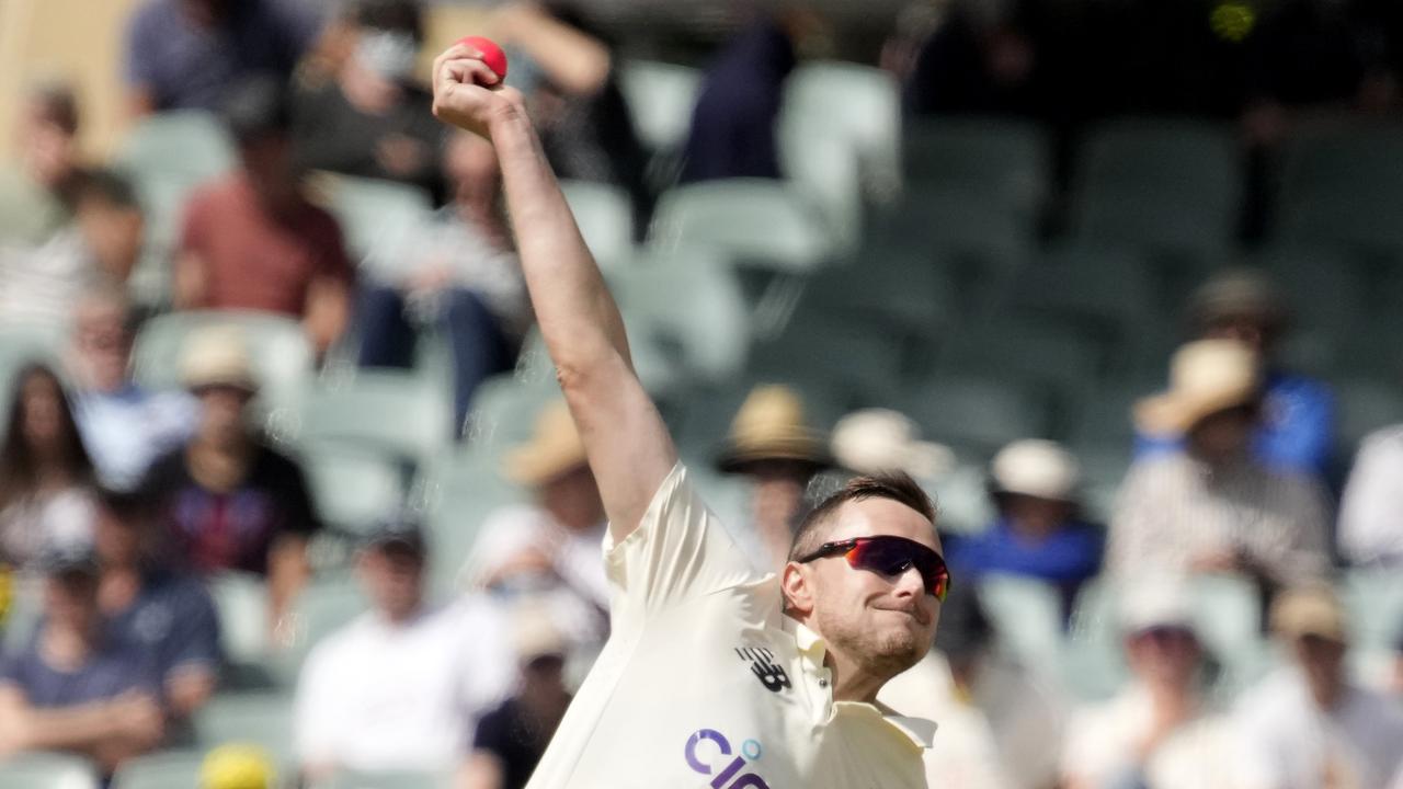 ADELAIDE, AUSTRALIA - DECEMBER 19: Ollie Robinson of England bowls off-spin during day four of the Second Test match in the Ashes series between Australia and England the at Adelaide Oval on December 19, 2021 in Adelaide, Australia. (Photo by Daniel Kalisz/Getty Images)