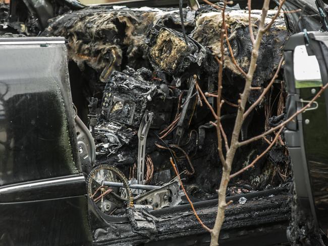 The driver’s seat and dashboard were unrecognisable in the burnt-out Mercedes. Picture: Sarah Matray