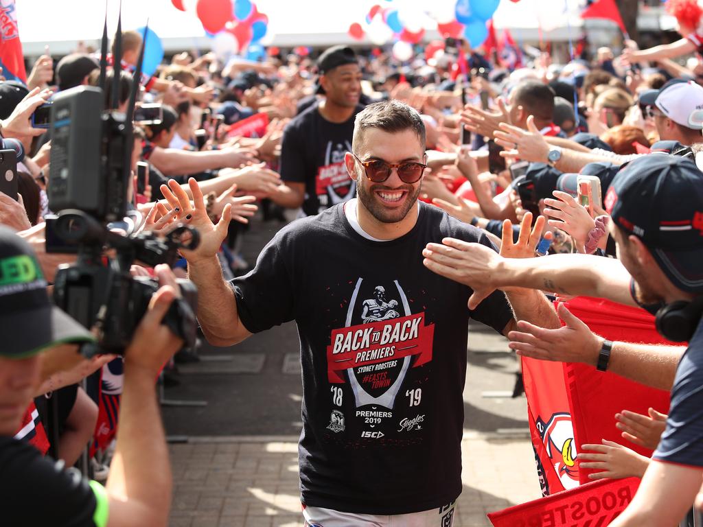 James Tedesco during the Sydney Roosters fan day outside the Hordern Pavilion, Sydney after the Roosters 2019 NRL Premiership win. Picture: Brett Costello