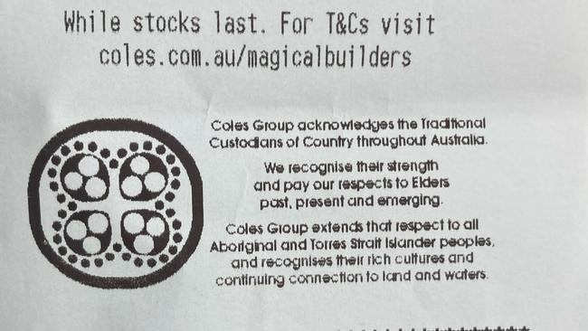 Coles’ Acknowledgement of Country on its shopping receipts.