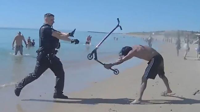 Gollan was captured throwing his scooter at an officer whose nose broke after being punched to the face. Picture: SAPOL / SA Courts