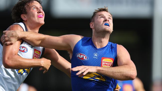 PERTH, AUSTRALIA - FEBRUARY 17: Matt Flynn of the Eagles contests the ruck during the West Coast Eagles AFL Intra Club match at Mineral Resources Park on February 17, 2024 in Perth, Australia. (Photo by James Worsfold/AFL Photos/via Getty Images)