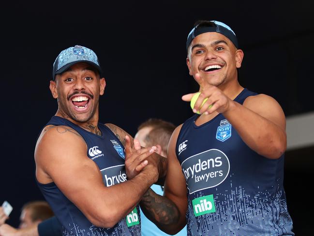 Josh Addo-Carr and Latrell Mitchell. Picture: Brett Costello