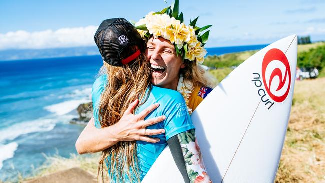 Stephanie Gilmore celebrates her world title win. Picture: WSL/SLOANE