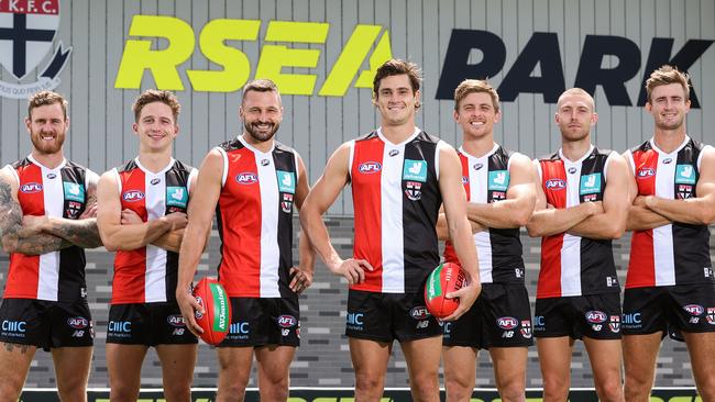 St Kilda’s 2021 leadership group: Tim Membrey, Jack Billings, Jarryn Geary, Jack Steele, Sebastian Ross, Callum Wilkie and Dougal Howard.