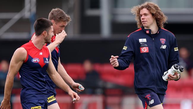 Ben Brown may have to carry the drinks for a little while longer considering the impressive form of Melbourne’s forward six. Picture: Michael Klein