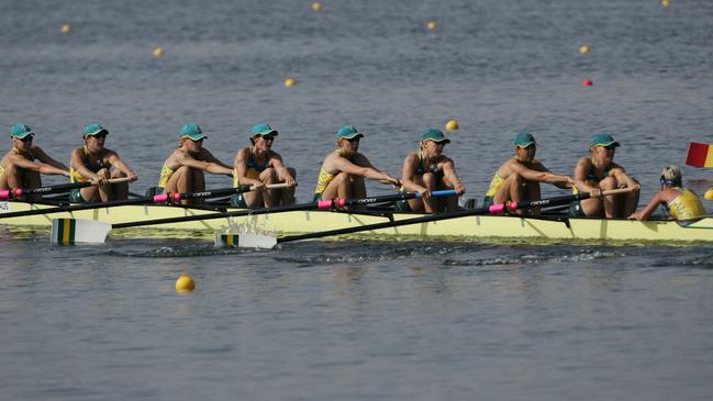 The women’s eight in Athens. Robbins is fourth from the right. (Photo by Doug Pensinger/Getty Images)